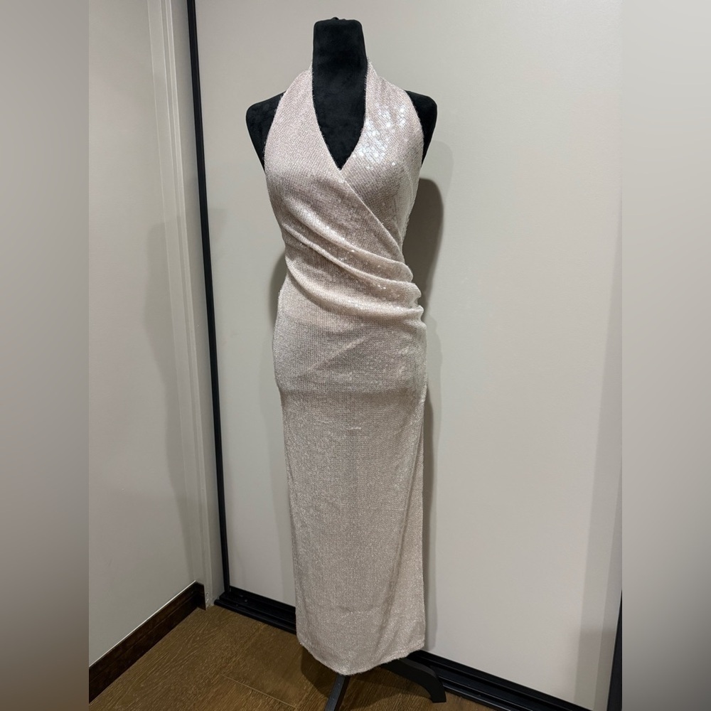 Zara Iridescent Sequin Draped Halter Midi Dress in Cream / Light Pink